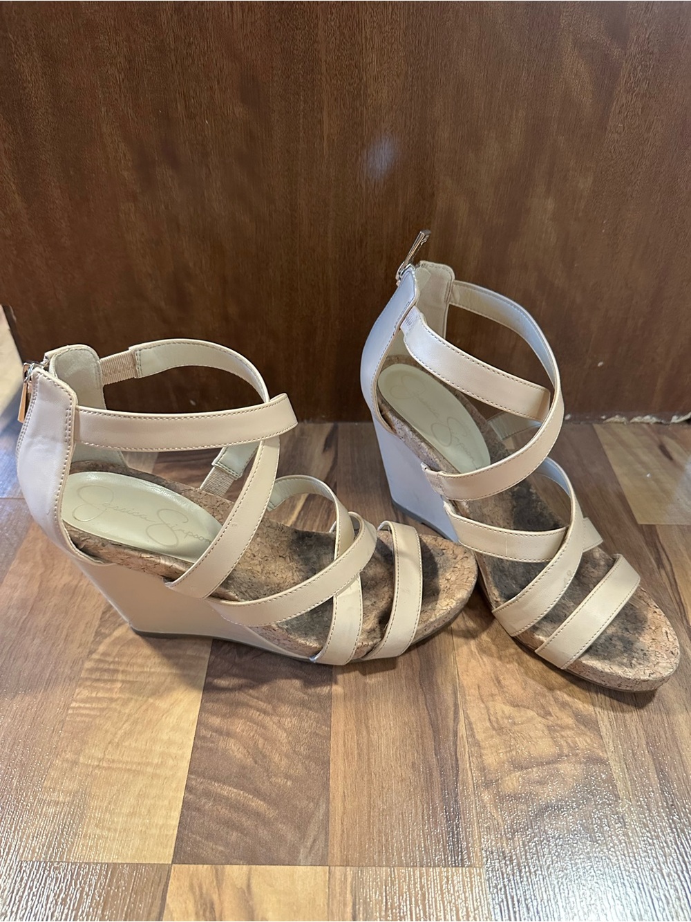 Jessica Simpson Nude Beige Strappy Wedge Sandals - Women